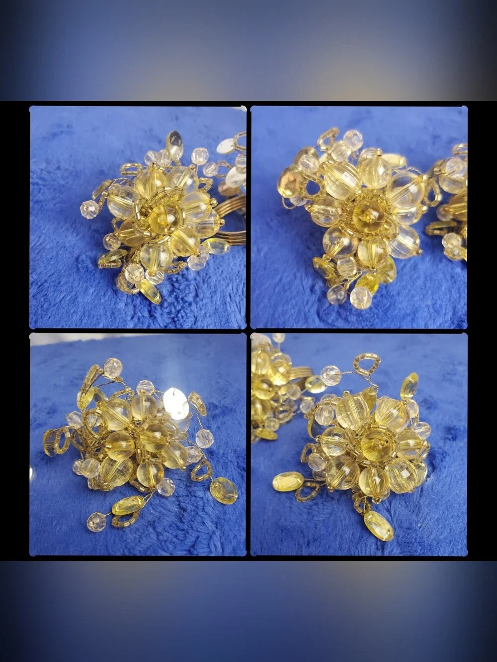 Set Of 4 Pier 1 Beaded Cluster Napkin Rings Yellow Brown Gold Beads Golf Rings